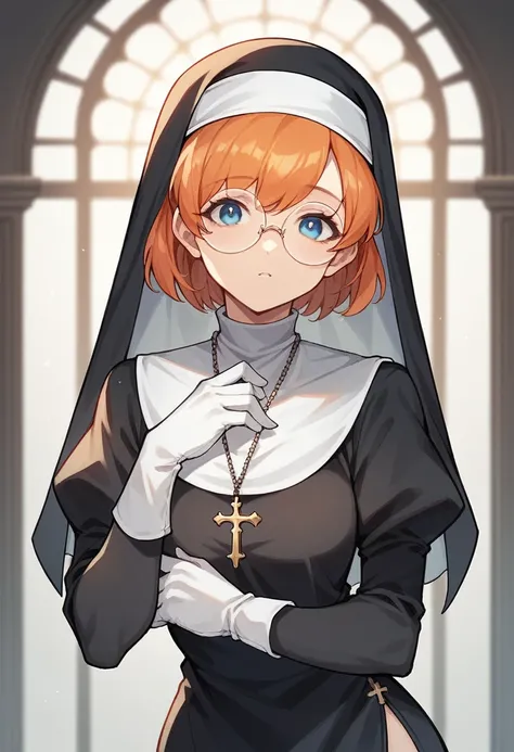 1girl, orange hair, short hair, blue eyes, round glasses, ((white elbow gloves)), ((gloves)), ((long sleeves)), ((nun outfit)), looking at viewer, standing, solo
