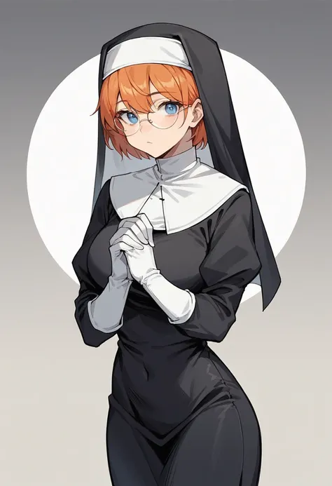 1girl, orange hair, short hair, blue eyes, round glasses, ((white elbow gloves)), ((gloves)), ((long sleeves)), ((nun outfit)), looking at viewer, standing, solo
