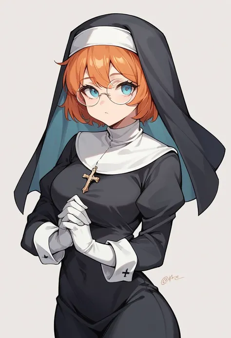 1girl, orange hair, short hair, blue eyes, round glasses, ((white elbow gloves)), ((gloves)), ((long sleeves)), ((nun outfit)), looking at viewer, standing, solo
