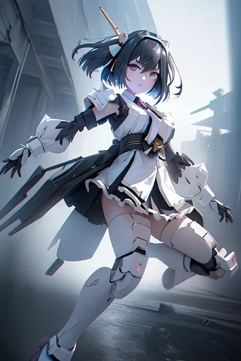 (Highest quality)), ((masterpiece)), (Very detailed: 1.3), 3d, {(Young girl)}, Wearing a white frilly Gothic Lolita outfit, (She is fused with a Gundam mecha from the future.....), With headgear, With V-fin , Armored Shoulders,Armament, Armor at the feet, ...