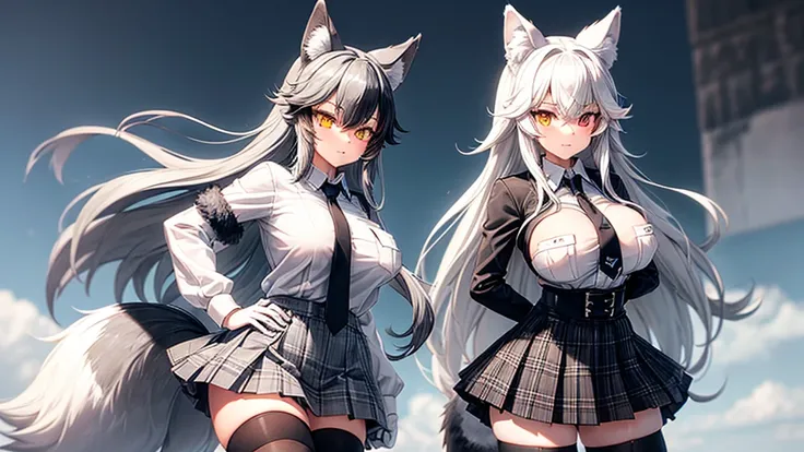 grey wolf (kemono friends), 1girl, two-tone hair, long hair, wolf ears, heterochromia, wolf tail, (large breast), fur collar, collared shirt, black shirt, breast pocket, plaid necktie, plaid skirt, pleated skirt, white gloves (holding breast), two-tone thi...