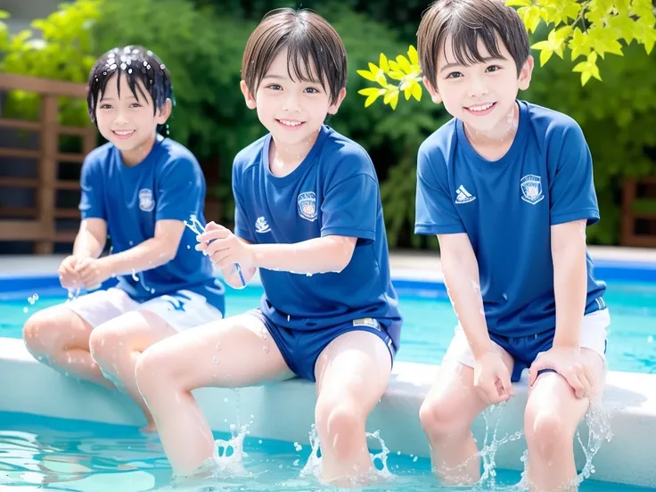 hot summer、primary school、Summer swimming pool、Fun every day、Get wet all over、Japan Boy、Glowing water splashes、Pool lessons、Boy playing in water、The happy boys、Strong sunlight、Short sleeve gym uniform、Blue shorts、barefoot，Boys only 、１０age、high resolution、m...