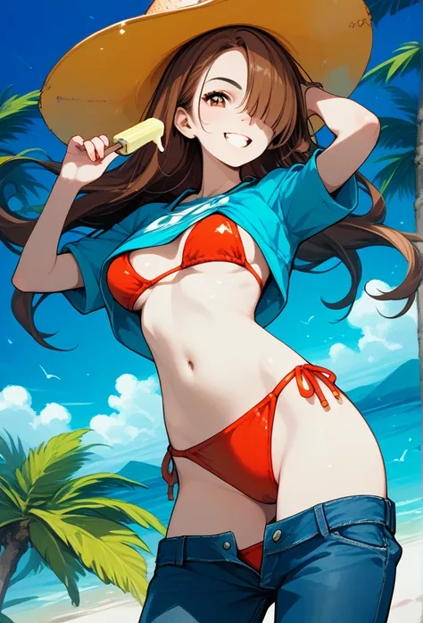 ヘーゼル色の目, 髪 falling over one eye, a woman in red bikini and bright blue shirt behind counter showing off popsicles, 1girl, swimsuit, bikini, solo, breasts, brown hair, realistic, food, smile, bikini top only, grin, denim, long hair, navel