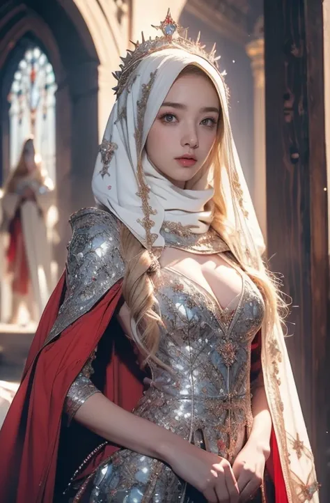 Elegant armor,princess, Full body, wearing a hijab , crown luxury , blue eye, blond hair, around 17 years old, (red silver hijab), tmasterpiece，Best quality at best，A high resolution，8K，((Portrait))，(upper body)，Original photo，real photograph，digital photo...