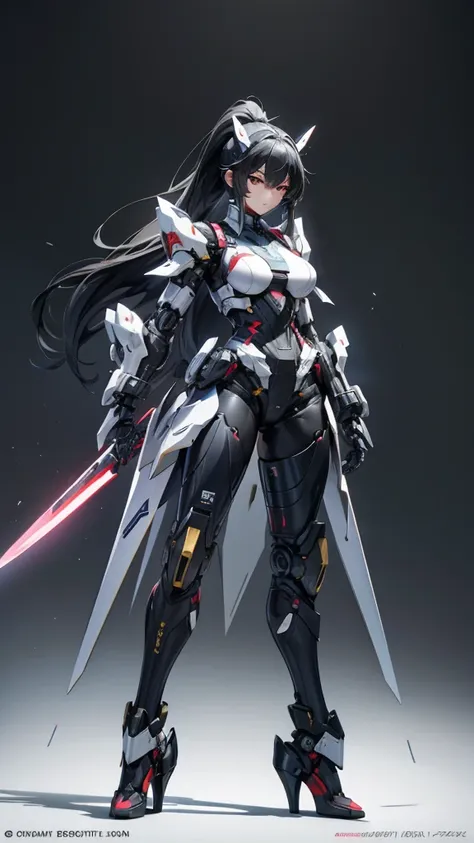 black long hair ponytail huge mecha girl breasts，full body black armor，helmet，slim figure，robot，mechanical joint，thruster，high h...