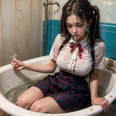 (masterpiece, best quality:1.2), in the bathtub, school girls , school girls outfit, tight shirt ,  wet clothes, soaked, wet hai...