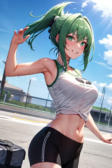 Green hair, folded ponytail, fine eyes, green eyes, masterpiece, sweat, soaked, best quality, hi-res, solo, wicked grin, ass facing you, running action and elegance, white sports short shorts, wet pants, white running shirt, wet shirt, sleeveless, braless,...