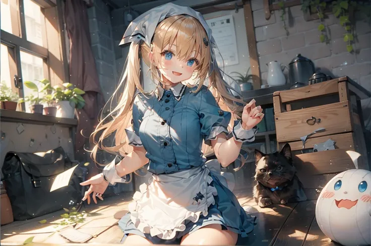 (Tabletop, Highest quality:1.2), Cowboy Shot, alone, One Girl, Kaho Hyuga, smile, View your viewers, Holding Tray, Twin tails, Head scarf, Maid, Frills, Blue Shirt, Waist apron, Puff short sleeves, Blue Skirt, Thighs Thighs Thighs Thighs, White glow,
One G...