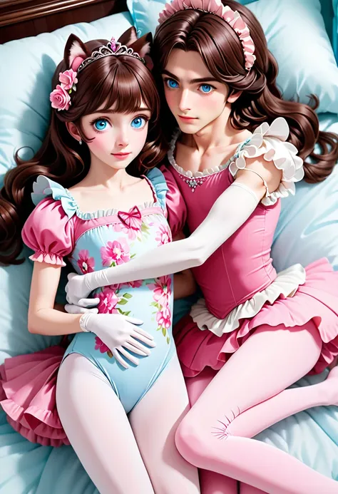 (Style-Princess) (1 man, 1 catgirl) (hetero, couple) (crossdressing, fully clothed) (brown hair, blue eyes) (portrait) (womens clothes only) (womens beautifully feminine skintight velvet floral print frilly girly pink adorable ballet leotards) (white opaqu...