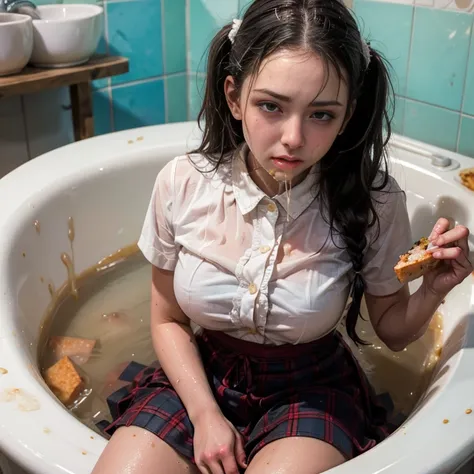 (masterpiece, best quality:1.2), in the bathtub, school girls , school girls outfit, tight shirt ,  wet clothes, soaked, wet hai...