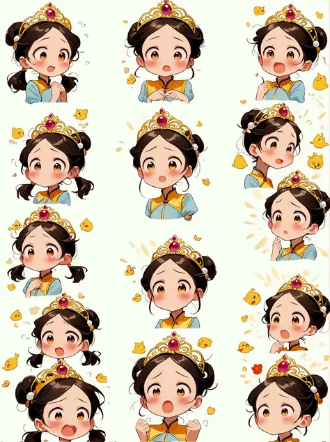 cute and humorous q version chinese girl，big eyes，bust，sticker，6 different facial expressions，expression board，various poses and...