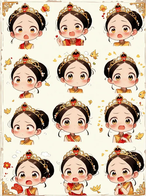 cute and humorous q version chinese girl，big eyes，bust，sticker，6 different facial expressions，expression board，various poses and...