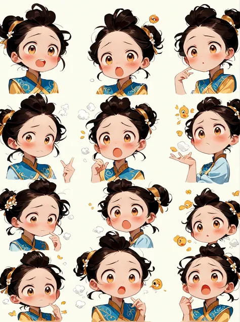 Cute and humorous Q version Chinese girl，big eyes，bust，sticker，6 different facial expressions，expression board，Various poses and expressions，Anthropomorphic style，Ancient and classic style，Showing a variety of emotions，Cartoon illustration，Vector illustrat...