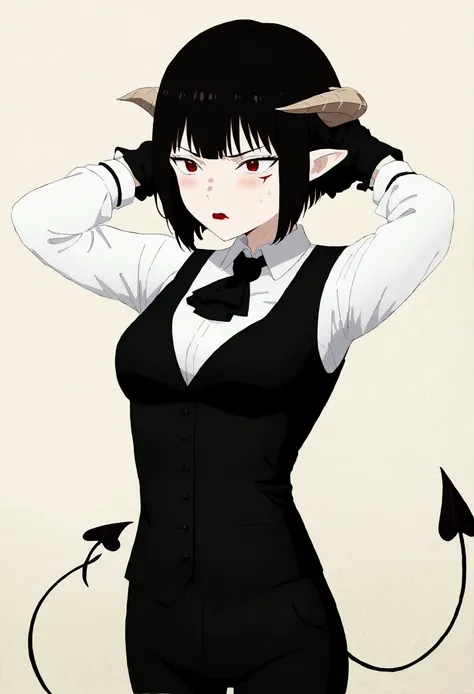 work of art, best qualityer, high resolution, 1girl horns short hair demon tail, white shirt black ascot black gloves black pant...