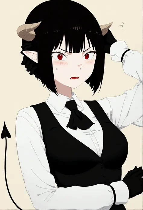 work of art, best qualityer, high resolution, 1girl horns short hair demon tail, white shirt black ascot black gloves black pant...