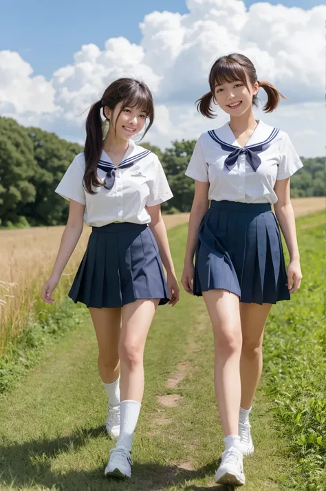 2 girls walking in rural field,cumulonimbus cloud in summer sky,sailor shirt,navy blue pleated skirt,18-year-old,bangs,a little smile,thighs,knees,short hair with low pigtails bunches,from below,front light