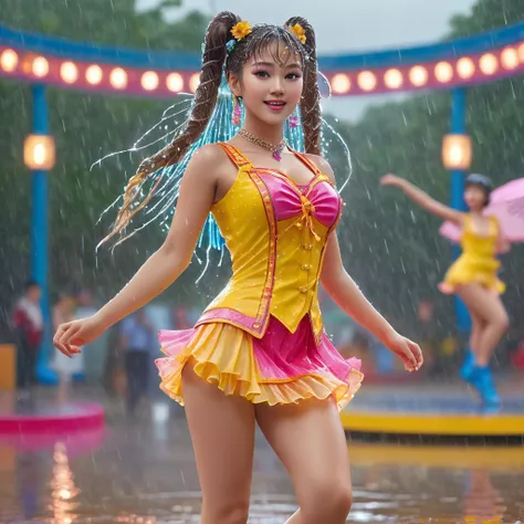 (full body portrait:1.１)、a beautiful young idol girl with twin tails is dancing on an outdoor stage in the rain、in idol-like cos...