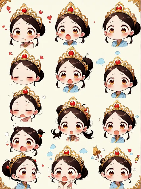 cute and humorous q version chinese girl，big eyes，bust，sticker，6 different facial expressions，expression board，various poses and...