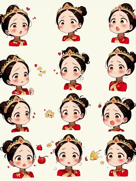 cute and humorous q version chinese girl，big eyes，bust，sticker，6 different facial expressions，expression board，various poses and...