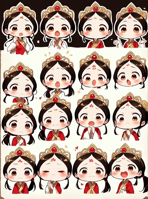 cute and humorous q version chinese girl，big eyes，bust，sticker，6 different facial expressions，expression board，various poses and...