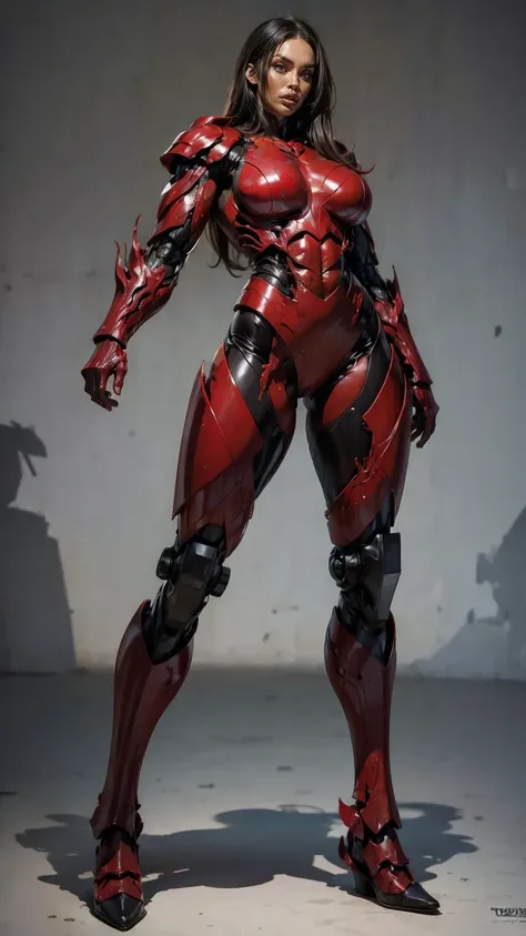 a portrait of megan fox as armored carnage, (red carnage skinless muscular bio-mecha armor:1.25), (mouth wide open, carnage styl...