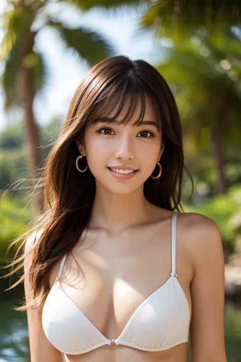 1girl,3d,bandeau,bangs,bare shoulders,bikini,blurry,blurry background,blurry foreground,bokeh,breasts,brown hair,bush,christmas,christmas lights,christmas ornaments,christmas tree,cleavage,collarbone,dappled sunlight,day,depth of field,earrings,forest,gras...