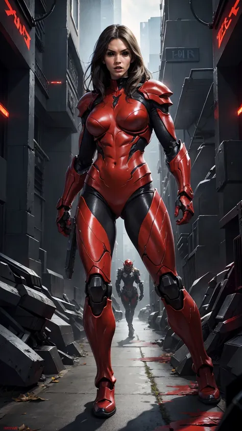 a portrait of Megan fox as armored carnage, (red carnage skinless muscular bio-mecha armor:1.25), (mouth wide open, carnage style:1.25), (full body view:1.25), Realistic, Very detailed face and eyes, (masterpiece:1.1), (beautiful girl face:1.45)