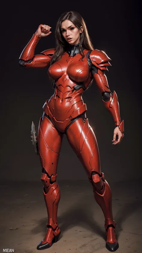 a portrait of Megan fox as armored carnage, (red carnage skinless muscular bio-mecha armor:1.25), (mouth wide open, carnage style:1.25), (full body view:1.25), Realistic, Very detailed face and eyes, (masterpiece:1.1), (beautiful girl face:1.45)