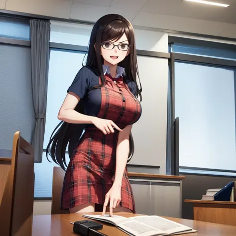 your influencer character(milf) with long, dark hair dancing on a university classroom, study table is full of books and notes ....