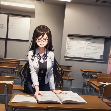 your influencer character(milf) with long, dark hair dancing on a university classroom, study table is full of books and notes ....