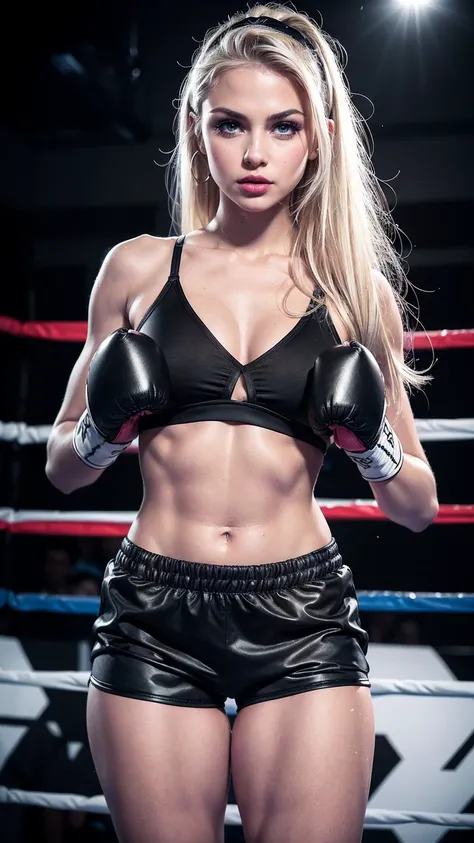 Cute young sexy blonde college bombshell, (young barbie doll face), 18 years old, blue eyes, (black boxing shorts:1.3), (sexy boxing shorts:1.3), (skimpy bra:1.3), (black boxing boots), blue eyes, straight blonde hair, muscular arms, slim toned body, tiny ...