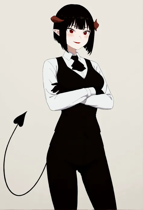 work of art, best qualityer, high resolution, 1girl horns short hair demon tail, white shirt black ascot black gloves black pant...