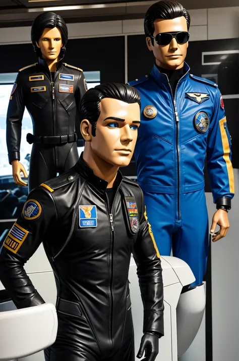 male human jet pilot uniform and a mannequin with the jet pilot uniform , the mannequin  the human pilot