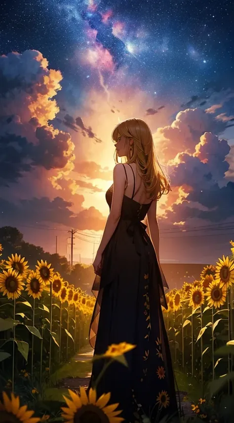 １people々々々々々々々々々々,Blonde long-haired woman，camisole， Dress Silhouette， Rear View，Space Sky,　Sunflower flowers，Sunflower field，