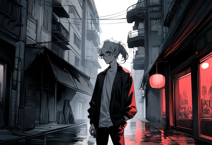 adult anime male skinny hipster with white hair and pointed ears, blood red eyes, glasses, soft jawline, femboy, wearing black and white clothing, pale skin tone, has short hair, have ponytail, wearing hipster outfit, ominous expression, downtown backgroun...