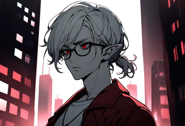 adult anime male skinny hipster with white hair and pointed ears, blood red eyes, glasses, soft jawline, femboy, wearing black and white clothing, pale skin tone, has short hair, have ponytail, wearing hipster outfit, ominous expression, downtown backgroun...