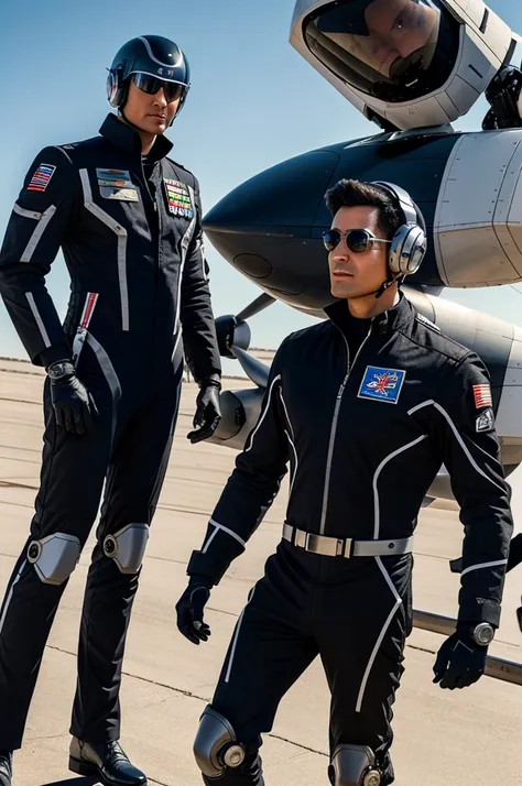 male human jet pilot uniform and a robot with the jet pilot uniform , the robot  the human pilot and bind the pilot like a scarecrow