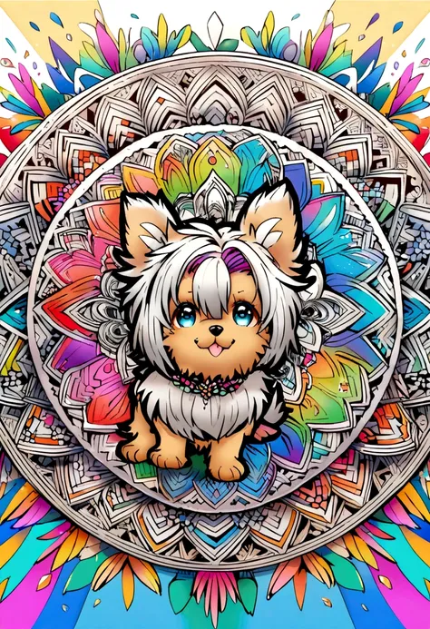 vibrant color drawing of a simple cute dog based mandala,yorkie,Black & silver hair