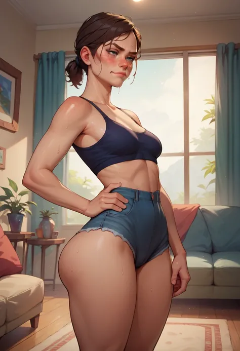  in a living room, one hand on hip, seductive smirk, medium breasts, wide hips, big ass, Ellie,standing, blushing,sweating, being groped by old man