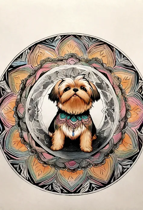 vibrant color drawing of a simple cute dog based mandala,yorkie,Black & silver hair