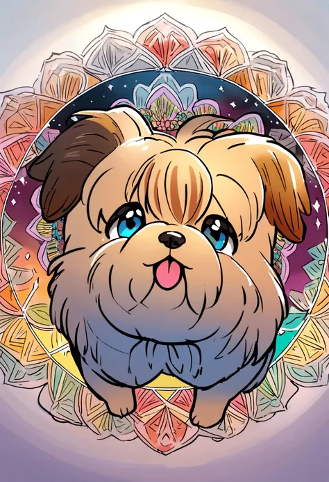 vibrant color drawing of a simple cute dog based mandala,yorkie,Black & silver hair