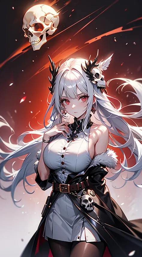 Highest quality, masterpiece，Beautiful design，Intricate details ,８hair， (Fine skin, Shiny skin, Shiny Hair, Pale complexion，Big Breasts), 　Red Sky,　Red Moon， Snow Mountain, ((Skull Land)),  Captivating woman, Gray Hair, Long Hair, Hair blowing in the wind,...