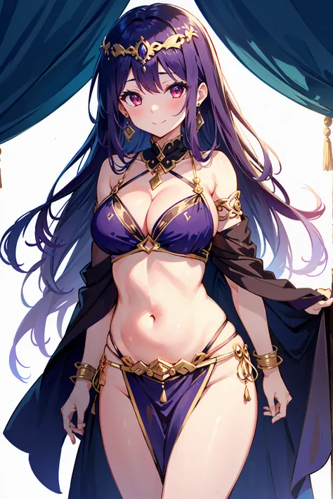 1girl, belly dancer, white background, cowboy shot, red eyes, long hair, purple hair, harem outfit, bikini, pelvic curtain, purple costume, bare legs, circlet, earrings, armlets, bracelets, bashful smile, large breasts, cleavage, soft stomach