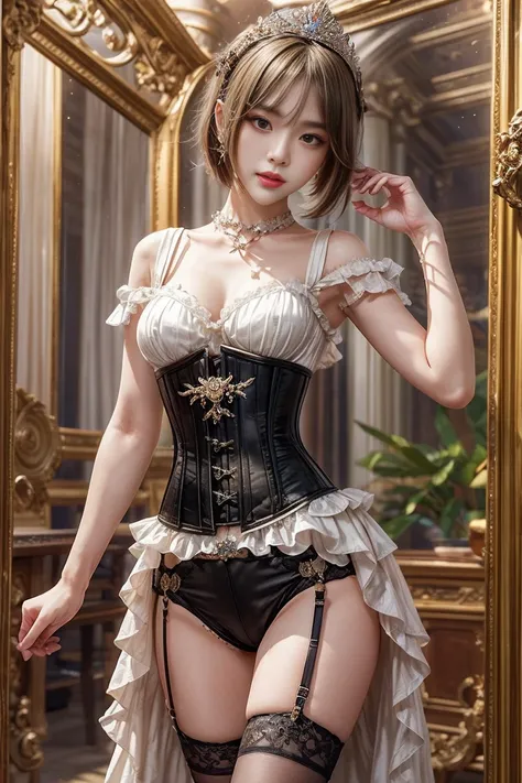 male, blonde hair Europe white male with full-lips and short hair in a fashion corset, young-slim-girly-male, standing in a modern dressing room, enchanting, medium large chest, medium thighs, modern style, art, by Yang J, Guviz, By Li Song, Guviz-style ar...