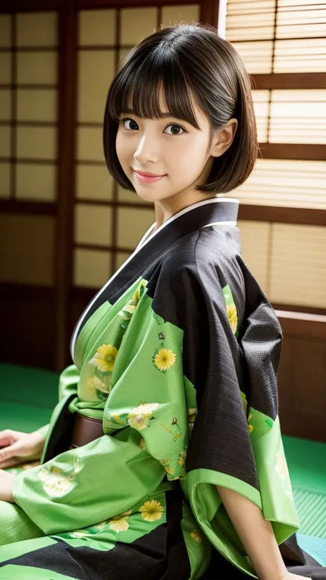 Best-quality, Masterpiece, Ultra-High-Resolution, (Photorealistic:1.4), Raw-Photo, Extremely-Details, Perfect-Anatomy, 1girl, 18-years-old, the most famous Japanese actress, in Japanese-style room, sitting SEIZA on green TATAMI, wearing brightly colored KI...