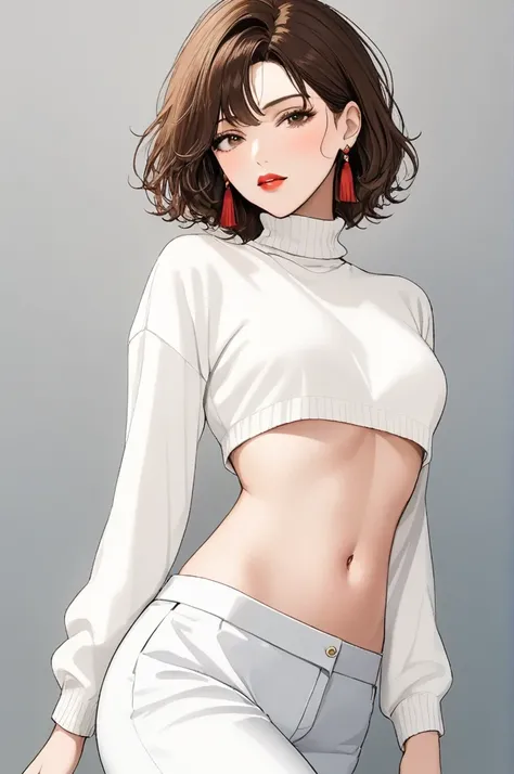 One woman ,short wavy hair ,red lipstick,face makeup,mole under right eye, tassel earrings, perfect mature body,turtle neck white sweater,pants,brown hair,legs,navel