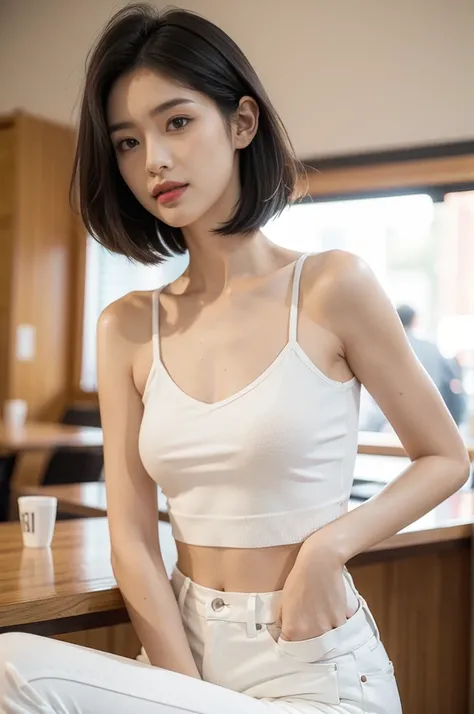 (((best quality))),(((ultra detailed))),(((masterpiece))),illustration,((1girl,solo)),(straight black bob hair:1.2),((slim,thin)),((small breasts,flat chest)),sitting, KFC, burger,((white shirt, white strap tank top, white pants)), clean, fresh, bright fac...