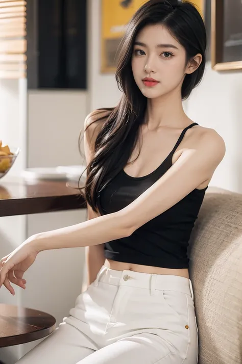 (((best quality))),(((ultra detailed))),(((masterpiece))),illustration,((1girl,solo)),(straight black bob hair:1.2),((slim,thin)),((small breasts,flat chest)),sitting, KFC, burger,((white shirt, white strap tank top, white pants)), clean, fresh, bright fac...