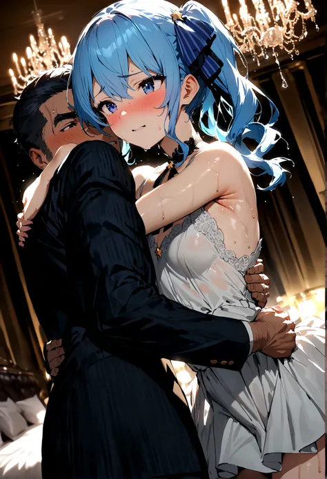 NSFW,masterpiece,Highest quality,High resolution,Super detailed,Star Town Suisei(Hololive),Blue Hair,One Side Ponytail,Blue Eyes,Small breasts,(Fine white silk dress),Estrus,A tense face,blush,(Sweat),Luxurious Room,Party Venue,chandelier,(Middle-aged men)...