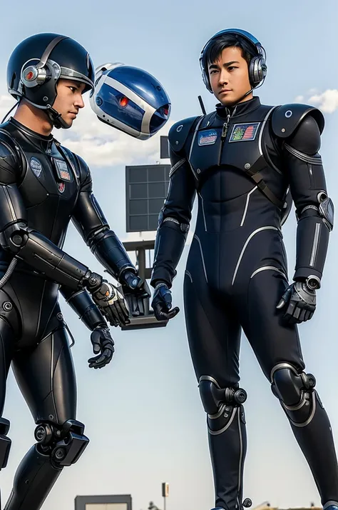 ((best quality)), ((masterpiece)), (detailed), (((anime))), male human jet pilot uniform and a robot with the jet pilot uniform , the robot  the human pilot and bind the pilot like a scarecrow